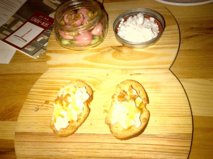 Burrata Crostini and Pickled Quail Eggs
