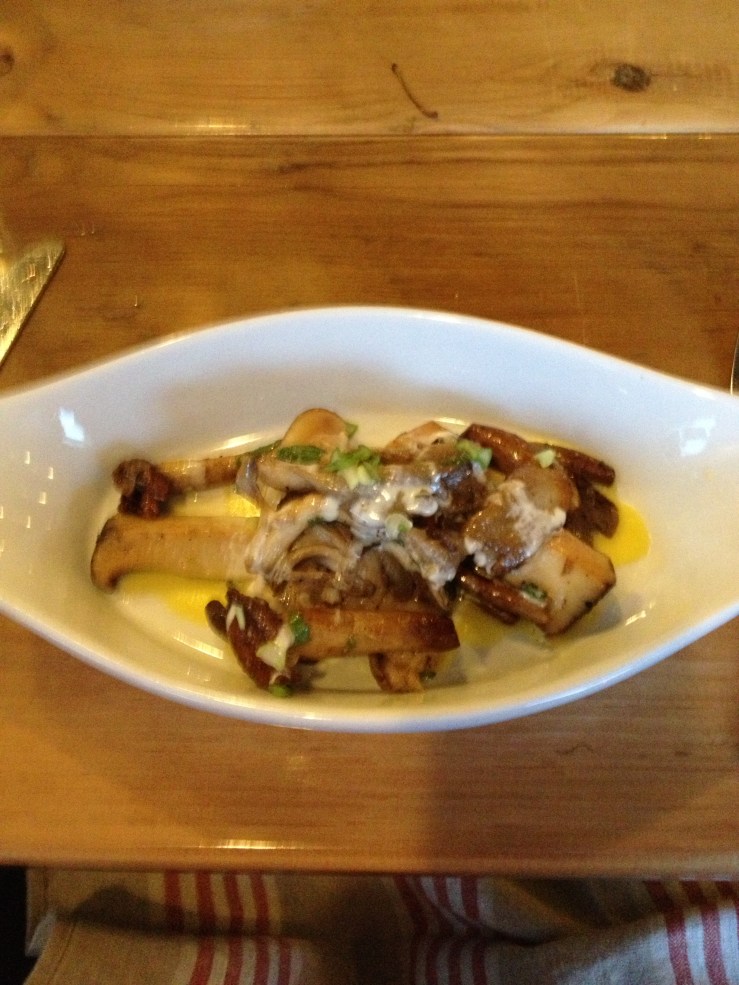 Local mushrooms, pine put puree and egg emulsion-$9