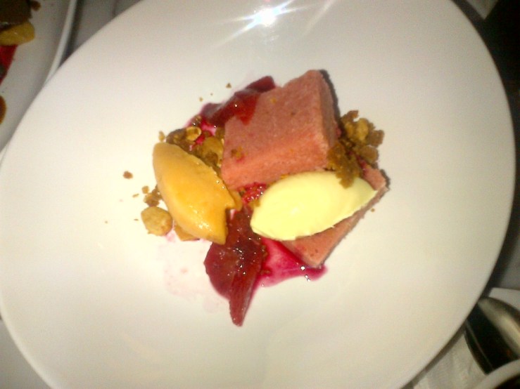 Olive Oil Cake with Custard, Sorbet and Crunch