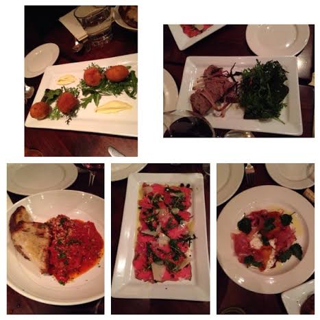 Arancini, Duck Liver Pate, Meatballs, beef carpaccio and burrata with proscutto.