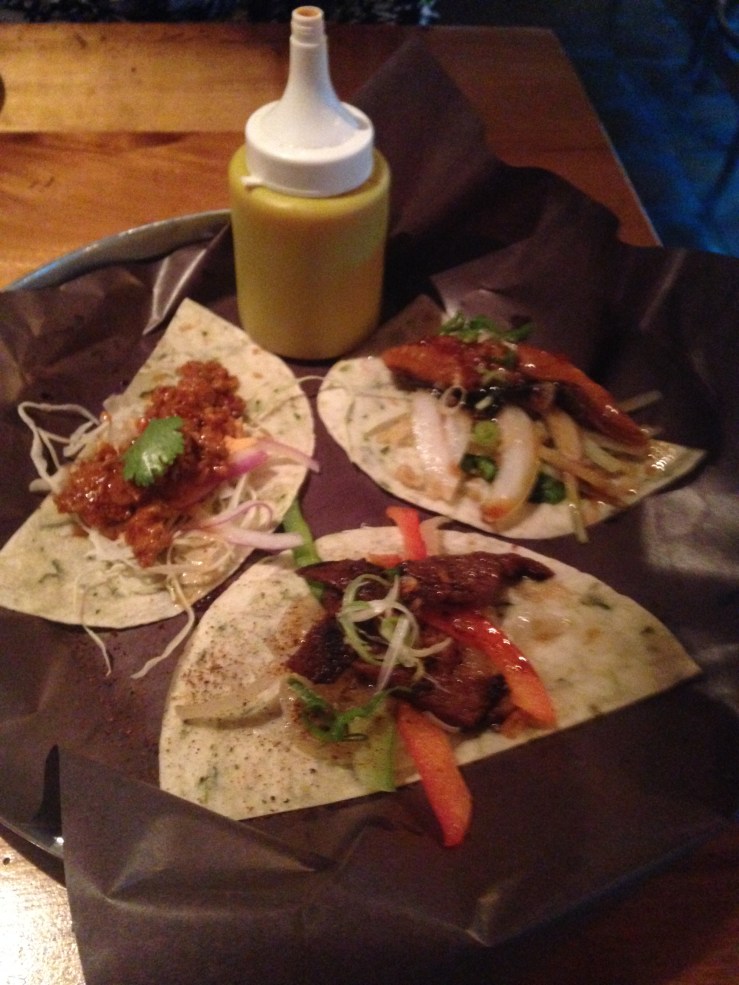 Spicy Pork, Kalbi and Unagi Tacos